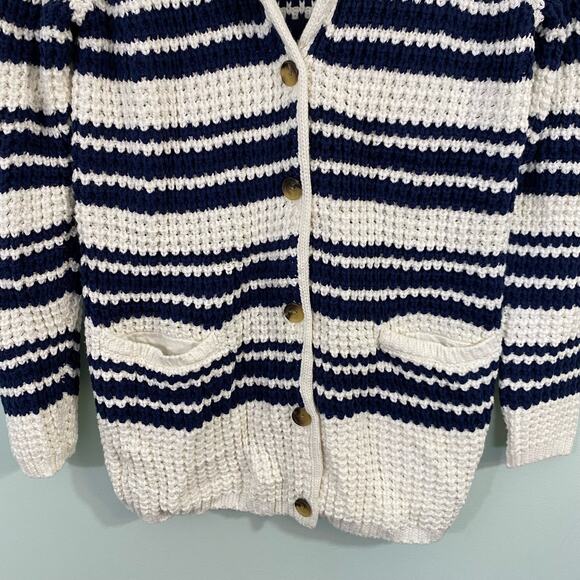 Lands' End Women's White & Navy Nautical Shawl Collar Knit Cardigan Size M - Picture 3 of 8